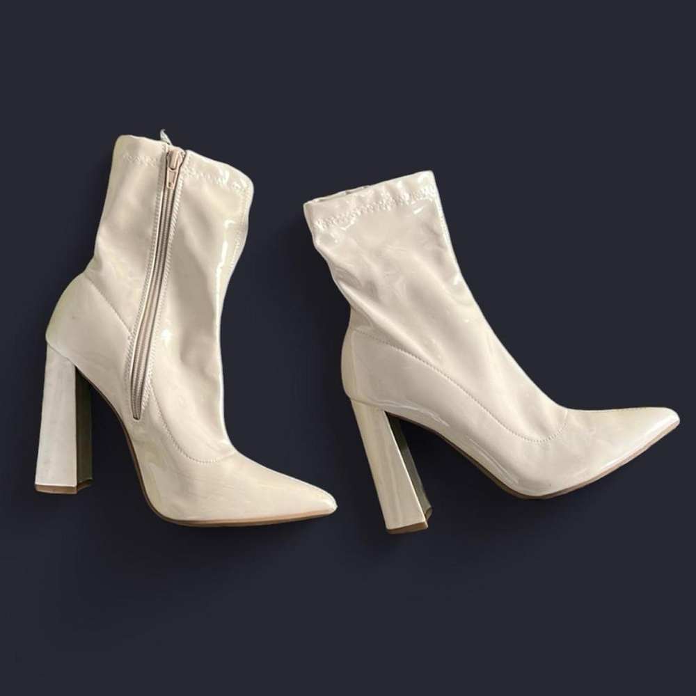 Cream Heeled Pointed Toe Ankle Boots